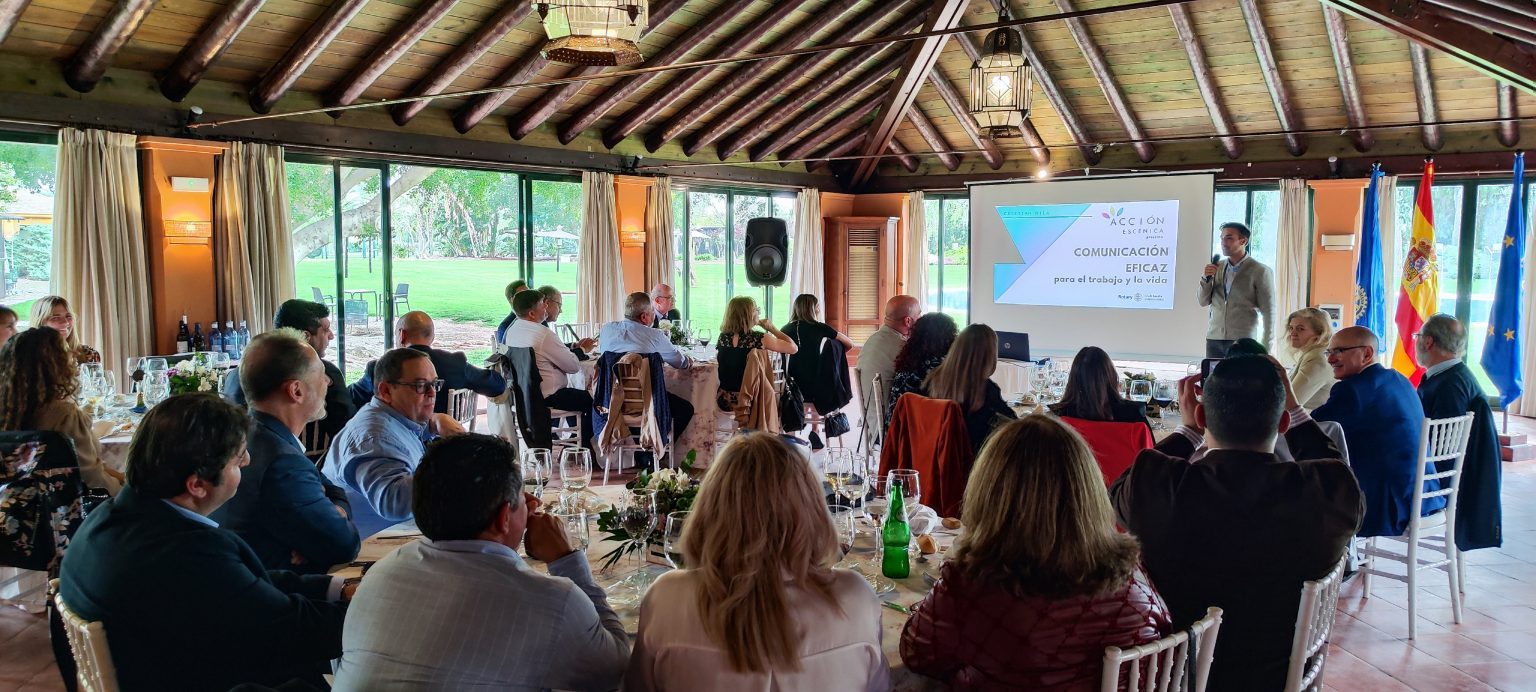 Presentations by Cristian Nila on Effective Communication and by the detective Juan Carlos Arias at the Rotary Club Sevilla International meeting